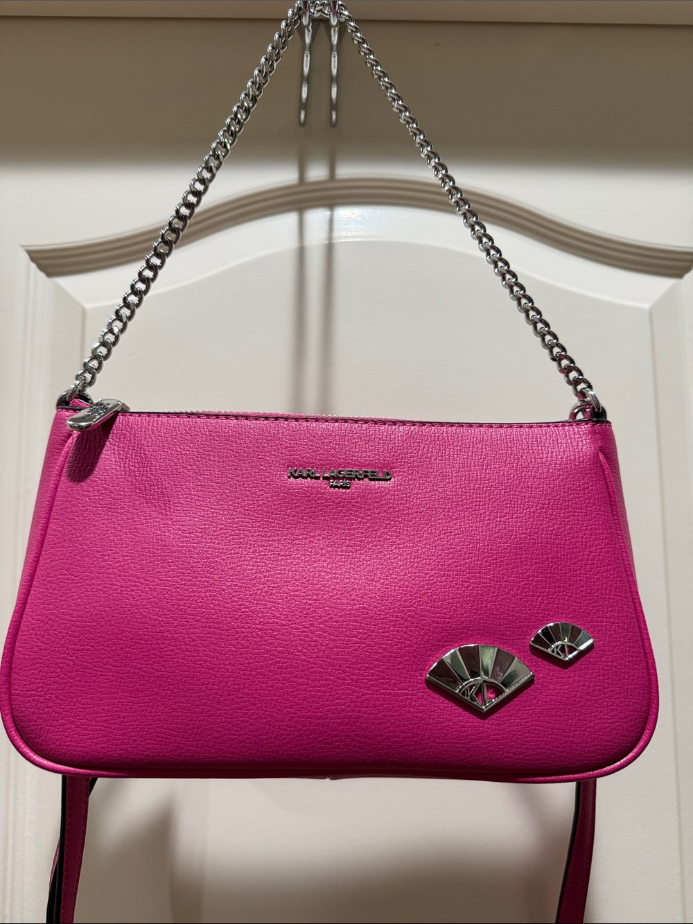 KARL LAGERFELD NWT Fuchsia Leather Crossbody with Silver Chain - Picture 10 of 10